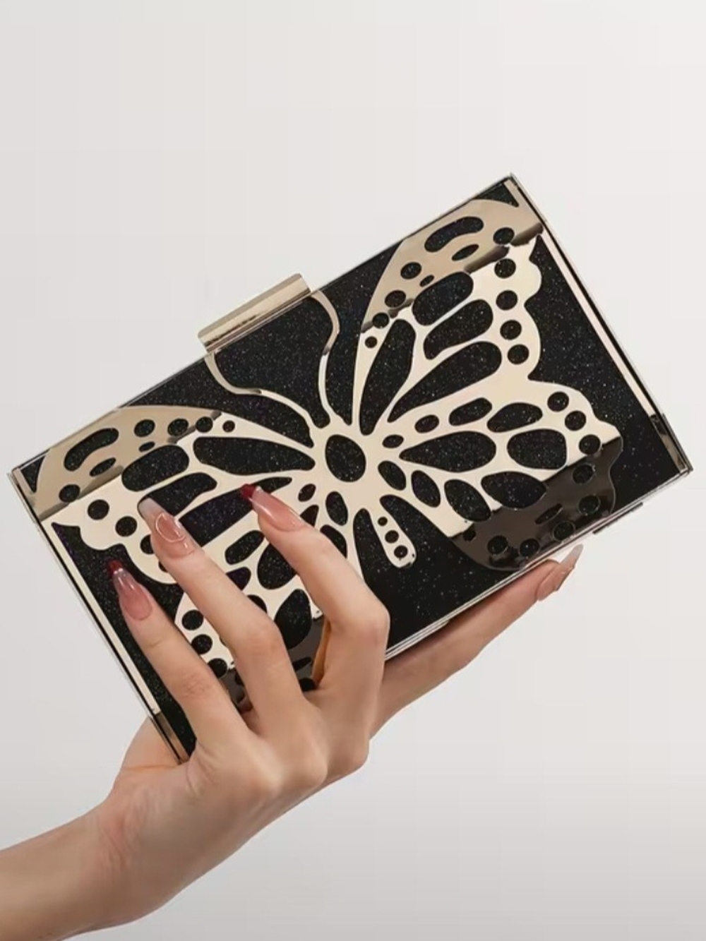 Metallic Butterfly Accent Coffee-color Box Clutch